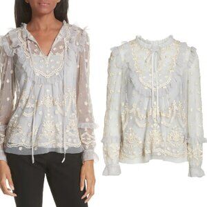 Needle & Thread Flapper Embroidered Tulle Top In Vintage Blue 6